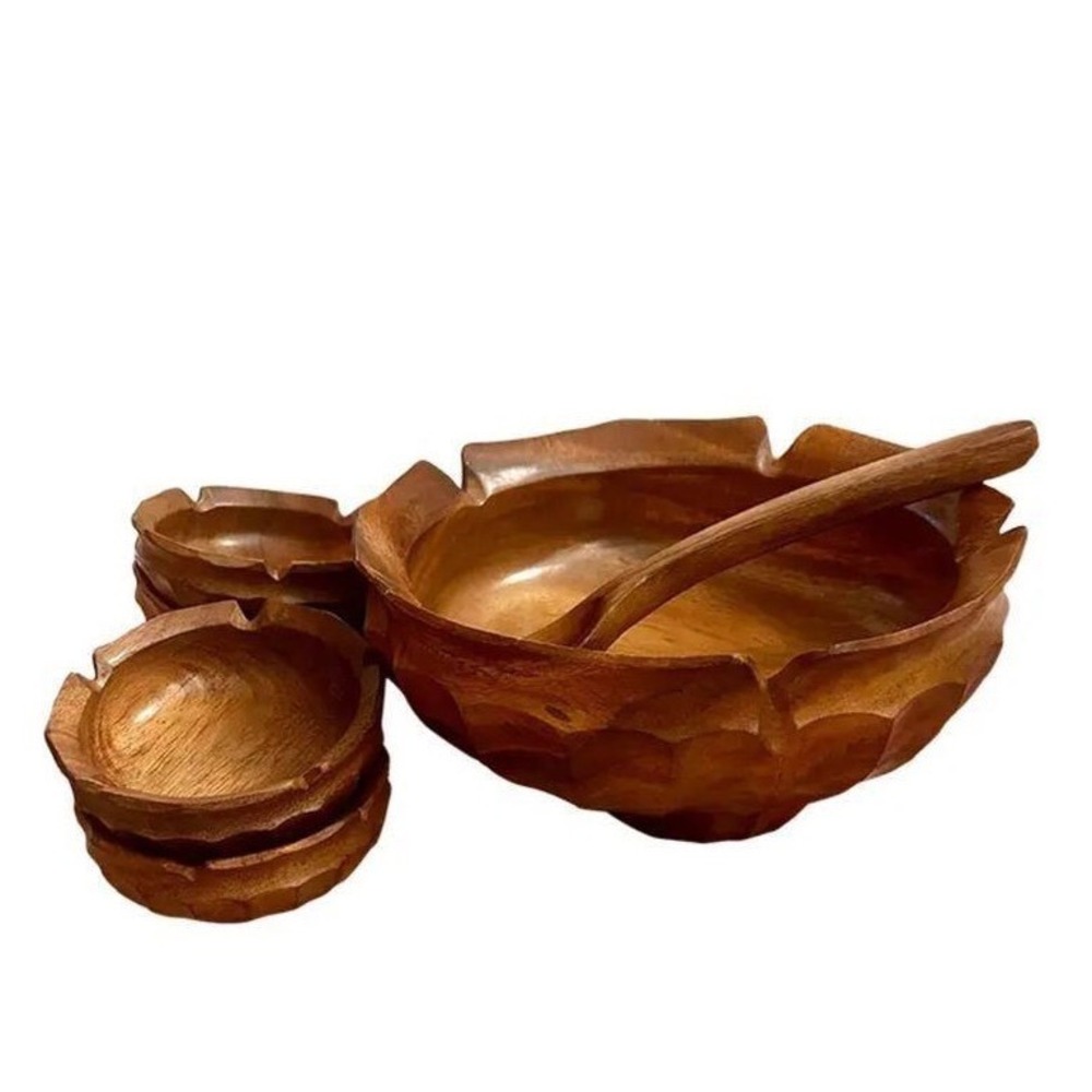 Vintage Carved Wooden Salad Bowl Set Includes Large‎ Serving Bowl 6